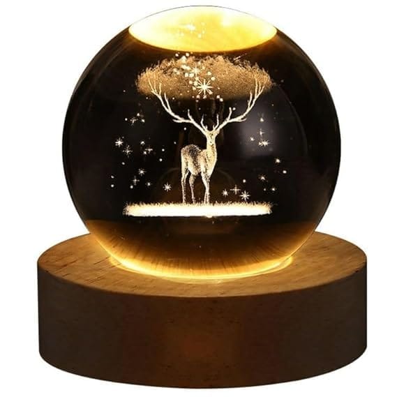 3D Crystal Ball Night Light, Deer Forest Ball Night Lamp with Wooden Base Fantasy Decoration Crystal Ball LED Night Light Bedroom Decor ( Deer )