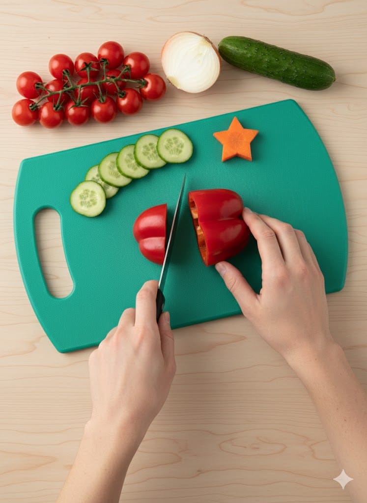 Dark Wolf Square Green Curve Plastic Cutting Board with Handle Knife Friendly Chopping Board