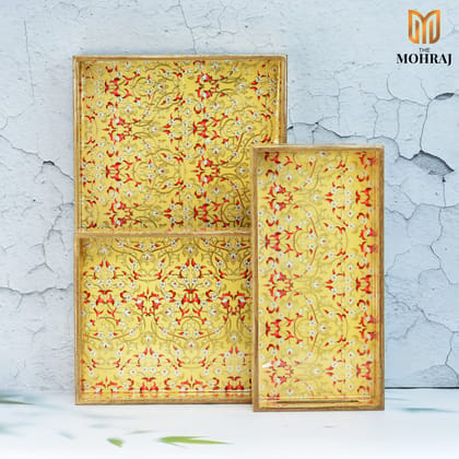The Mohraj Bright Wooden Rectangular MDF Trays with Gold Foil Finish Set of 3  