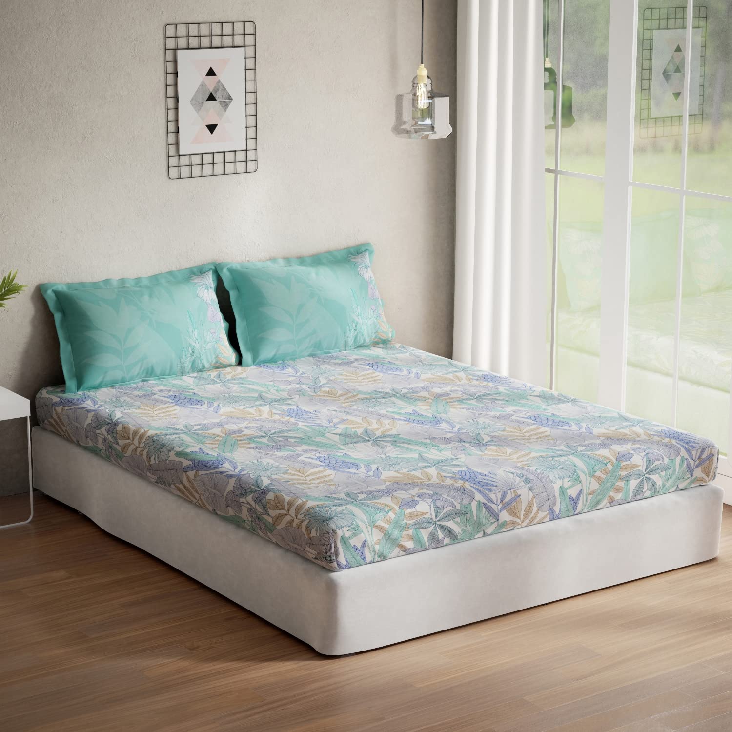 DDECOR - Optima Collection 100% Cotton Leaves Pattern 136TC Queen Bedsheet |224 CM X 254 CM| Blue