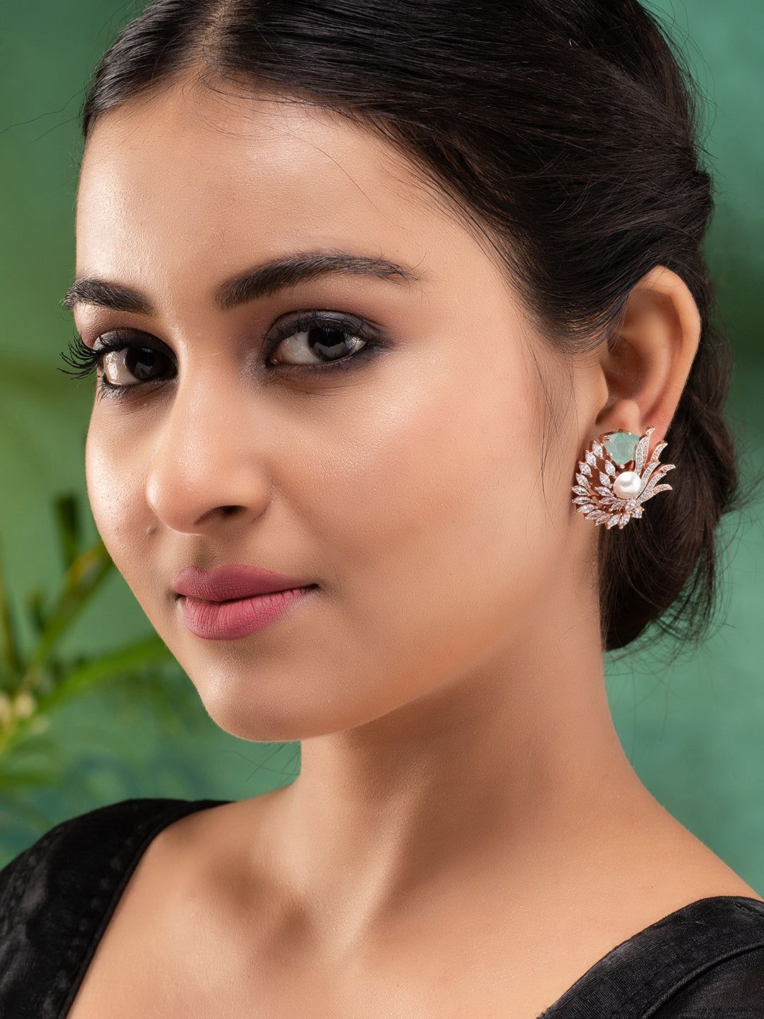 Sea Green Floral Rose GoldPlated Studs Earrings