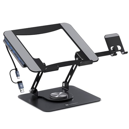 Portronics My Buddy K9 Pro Max Height & Angle Adjustable, Compatible with Devices Up to 17 Inches, Anti-slip Silicone Pads, Foldable & Portable, Includes 6-in-1 USB Hub, Integrated USB Hub & Phone Holder - Black