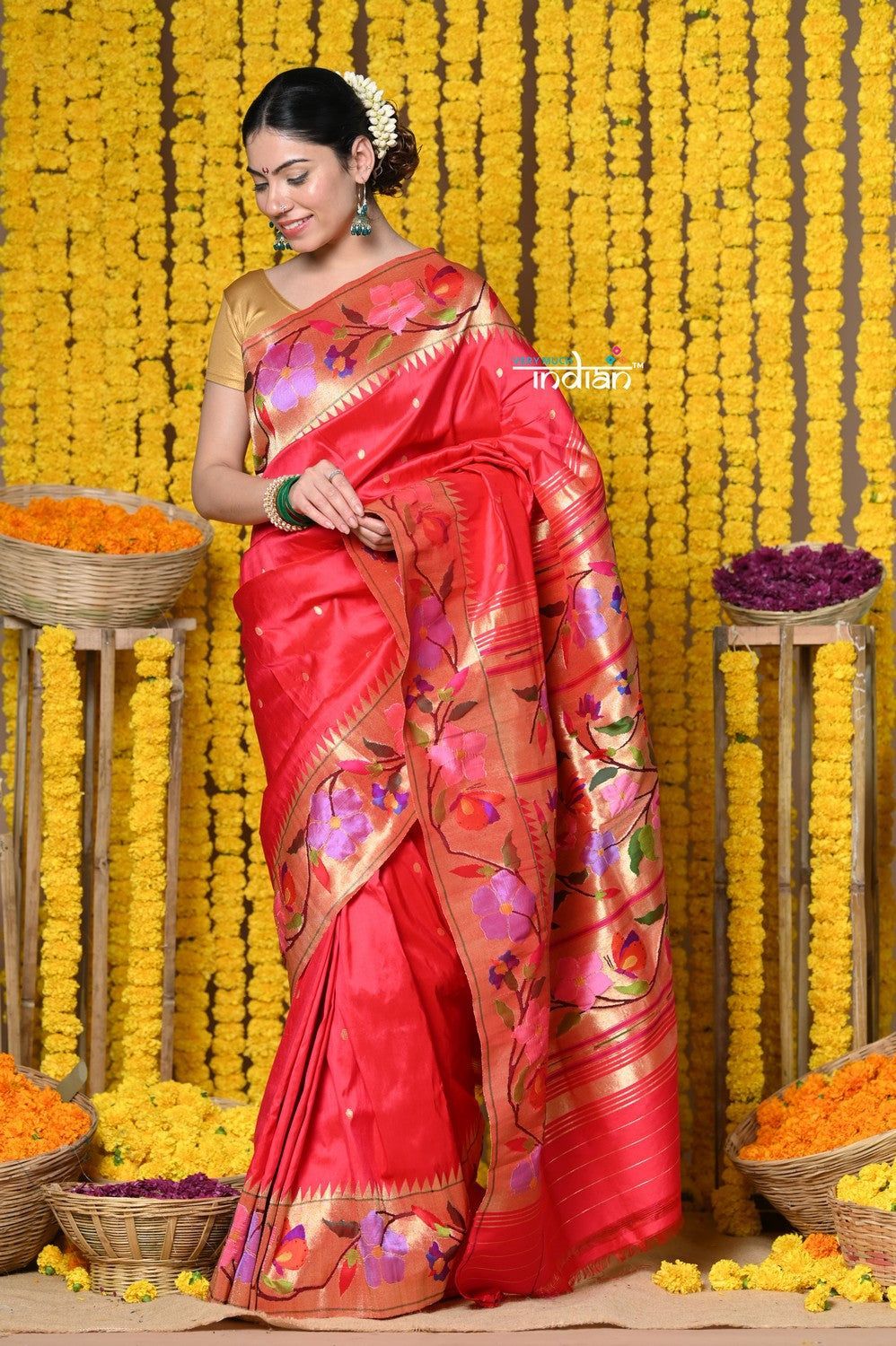 Rajsi~ VMI Heritage Design! Handloom Pure Silk Floral Border Paithani Saree WIth Handcrafted Floral Zari Pallu in Tomato Red