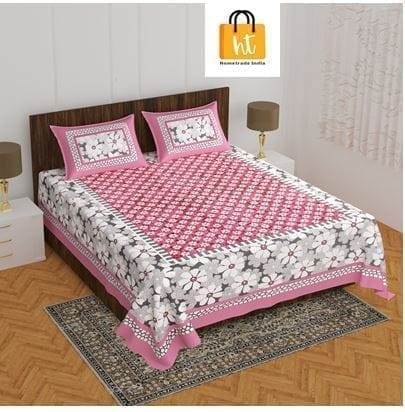 3001-Hometrade India-Standard King Size (90*108 Inches) Double Bedsheet With 2 Pillow Cover-RJ-14-Jaipur lining-3183