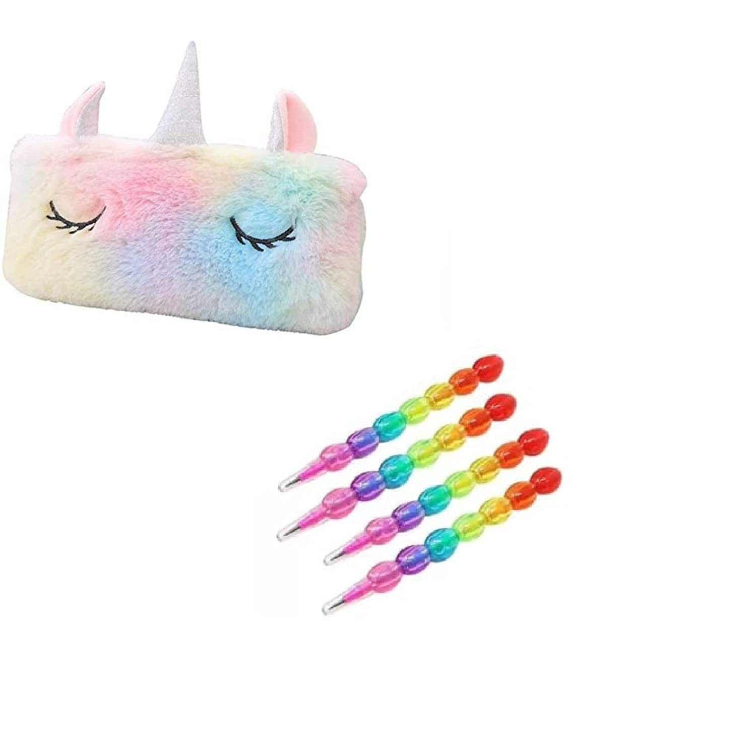 BREEPREE Feather Unicorn Pouch with 4 Moti Pencils Combo Set of 5 for Kids Stationery