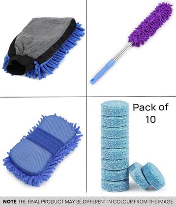 Mahek Accessories - Car Cleaning Combo Of Microfiber Dual Sided Gloves , Duster, Sponge And Glass Cleaning Tablet for car accessories( Pack Of 13 )