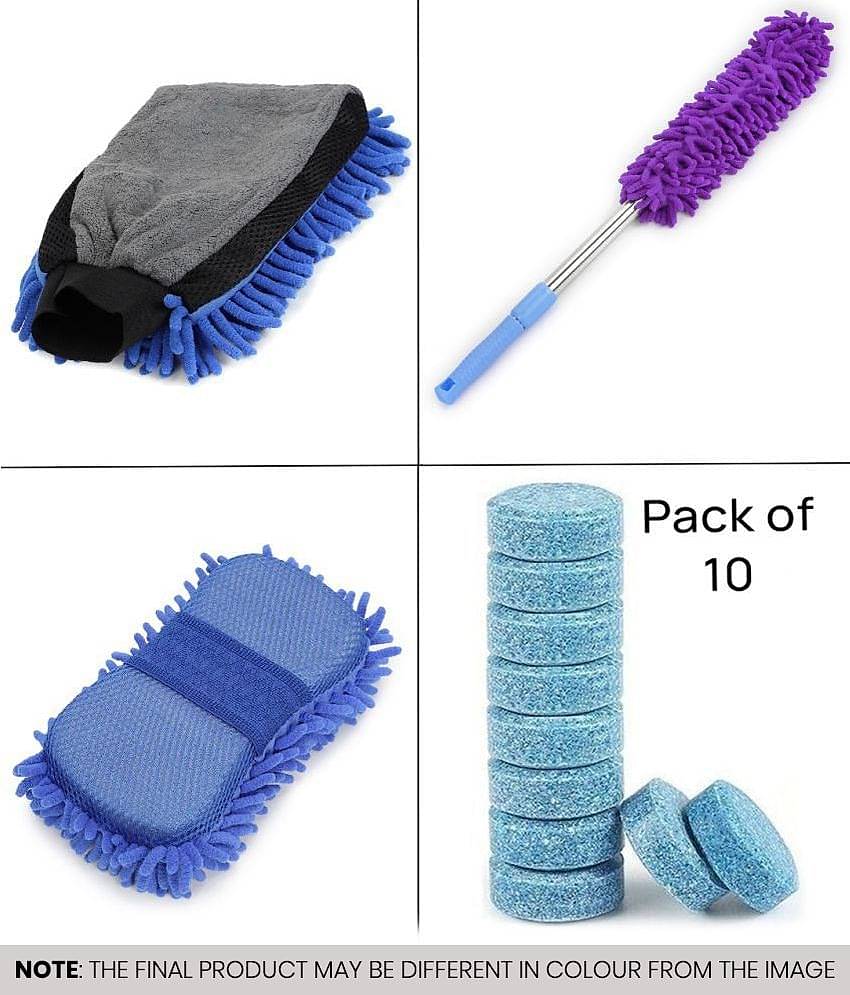 Mahek Accessories - Car Cleaning Combo Of Microfiber Dual Sided Gloves , Duster, Sponge And Glass Cleaning Tablet for car accessories( Pack Of 13 )