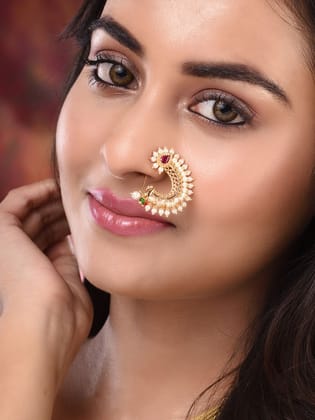 Gold Plated White Pearl Beaded Peshwai Moti Nath