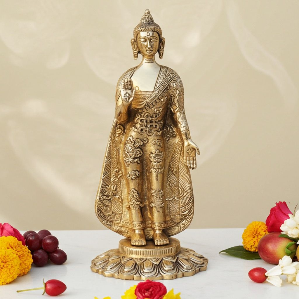 Brass Standing Buddha Statue - Blessing Pose Decorative Idol, Height : 10.5 Inch (BSMAS1578 D)