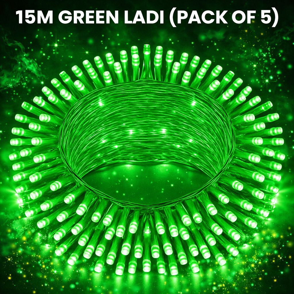 SPARKWORLD 11 Meter Green LED Decorative Ladi Lights (Pack of 5) | Waterproof, Bright & Energy Efficient for Festivals, Weddings, and Outdoor Use | Size: 15 M
