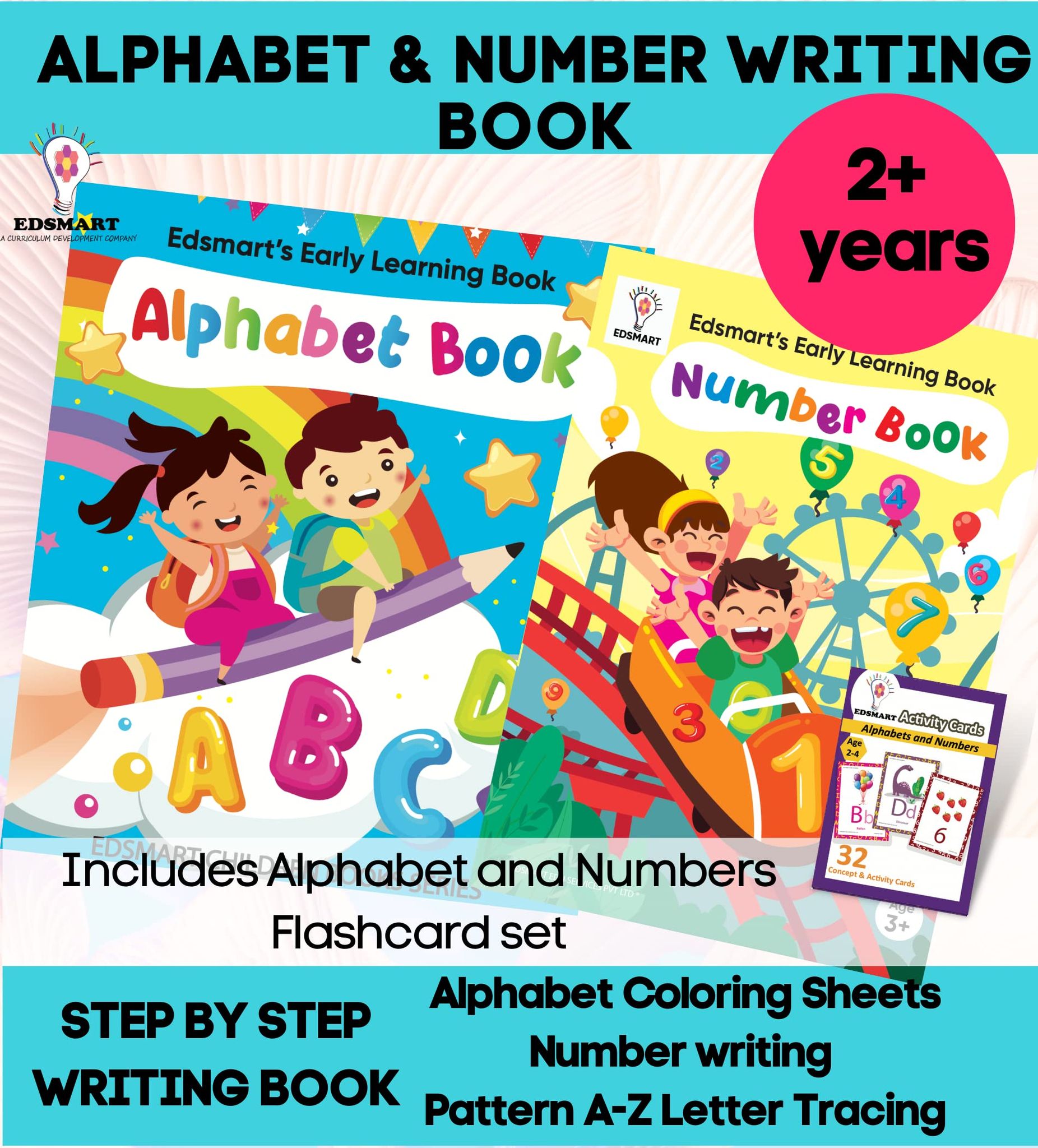 Edsmart Nursery Kids Writing Book Combo for Kids 3 Years [64 Pages] + Nursery Number Writing Book [48 Pages] + Nursery Alphabet Flash Cards for Kids 3+ Years (32 Cards)