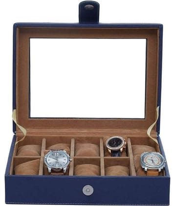 Leather World 10 Compartments Blue PU Leather Designer Watch Box Case with Clasp Closure