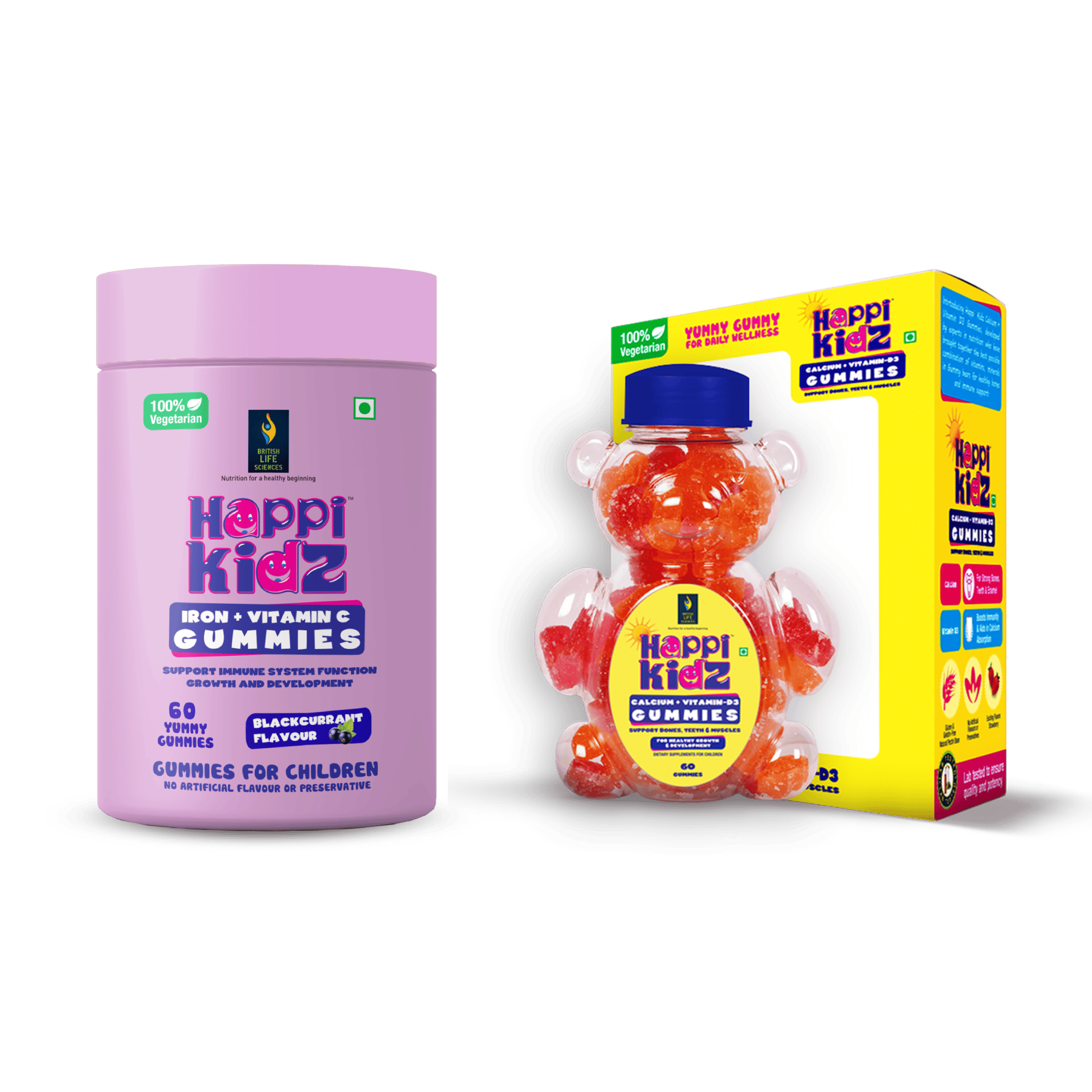 British Life Sciences Happi Kidz Calcium+Vitamin D3 Gummies & Happi Kidx Iron+Vitamin C Gummies Combo | Natural, Strong Bones, Muscles and Teeth, Boosts Immunity