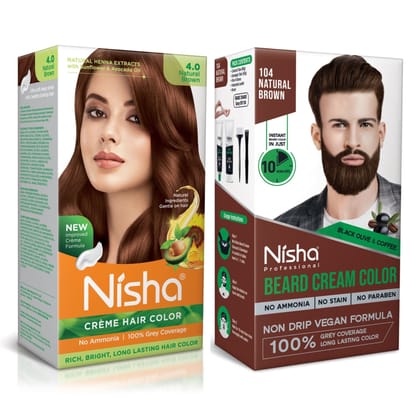 Nisha Creme Hair Colour and Beard Colour Natural Brown 120g Combo Pack, No Ammonia, 100% Grey Coverage, Vegan Formula