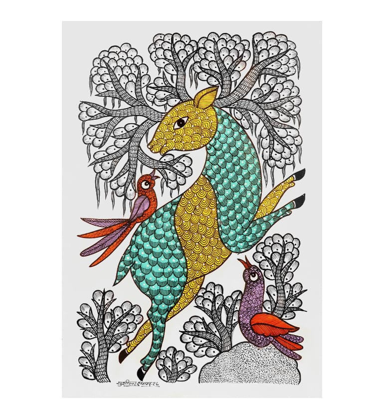 Handcrafted Gond Deer with Birds Painting | Traditional Tribal Folk Art of Madhya Pradesh