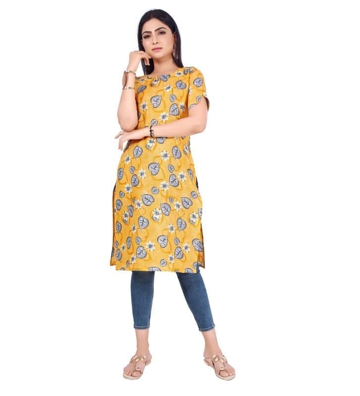 Women's Casual 3/4th Sleeve Printed Cotton Kurti (Yellow, M)-PID46165