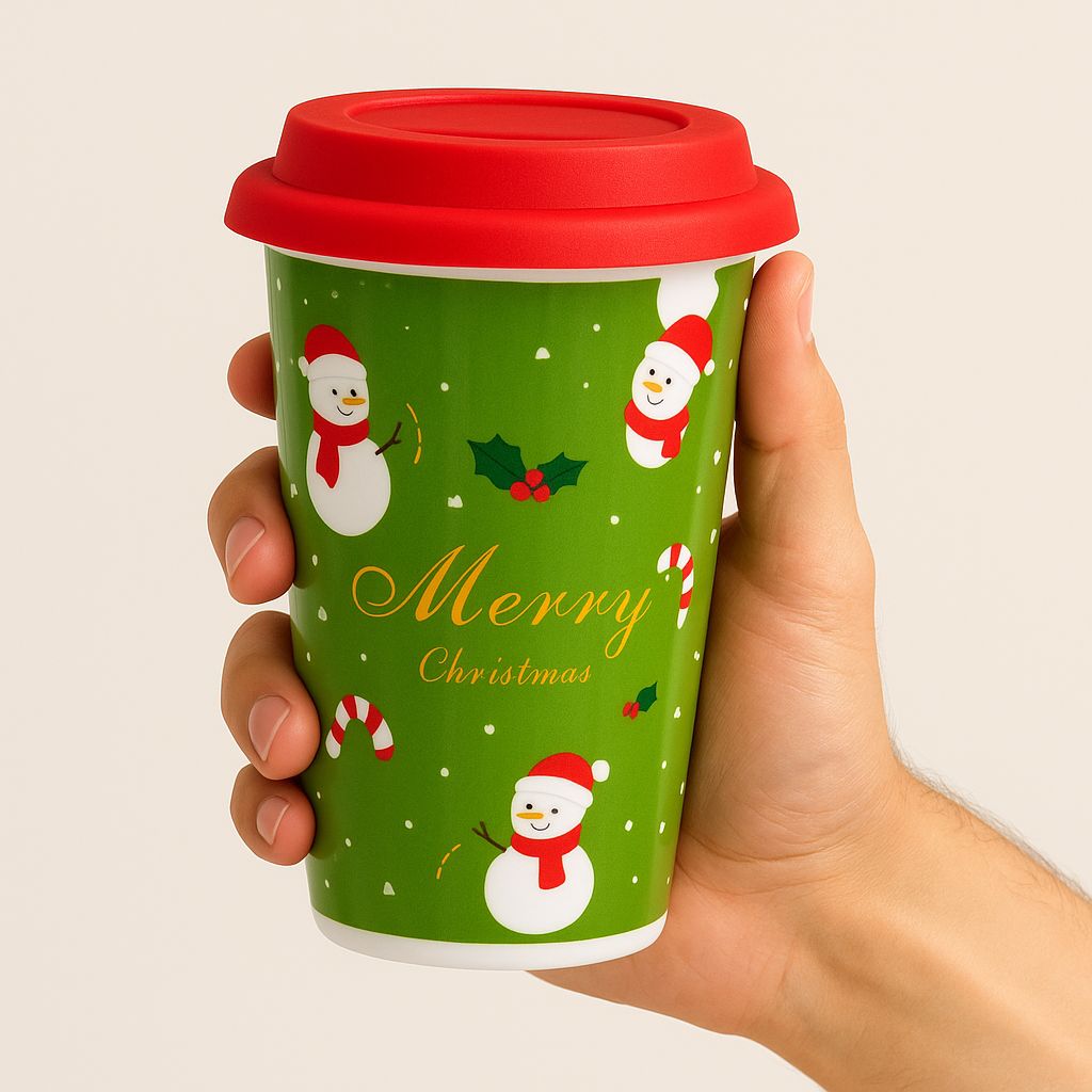 Christmas Ceramic Mug with Red Silicone Lid – 400 ml Coffee & Tea Cup
