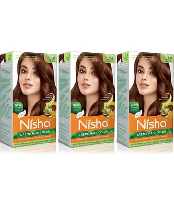 Nisha Creme Hair Color 4.0 Natural Brown 120g Pack of 3, Permanent Hair Colour, No Ammonia, 100% Grey Coverage