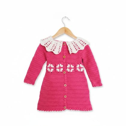 Girls' Hand-Knitted Pink Dress with Scalloped Collar