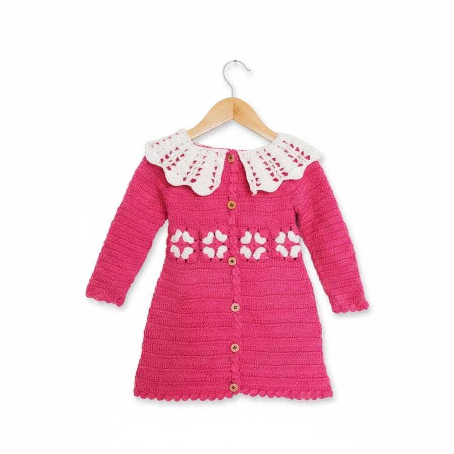 Girls' Hand-Knitted Pink Dress with Scalloped Collar