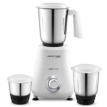 Voltas Beko, A Tata Product Powerfull 500 W Mixer Grinder with GrindX Technology (G5003HP-WH | 3 Jars | White) Voltas Beko, A Tata Product Powerfull 500 W Mixer Grinder with GrindX Technology (G5003HP-WH | 3 Jars | White) - White / 18.2 W x 38.5 H x 21.0