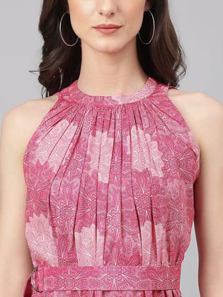Pink Crepe Digital Print Tiered Western Dress Pink Crepe Digital Print Tiered Western Dress