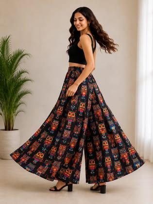 UNER Women Black Multi-Color Funky Owl Print Elastic Waist Free Size Wide-Leg Crepe Palazzo