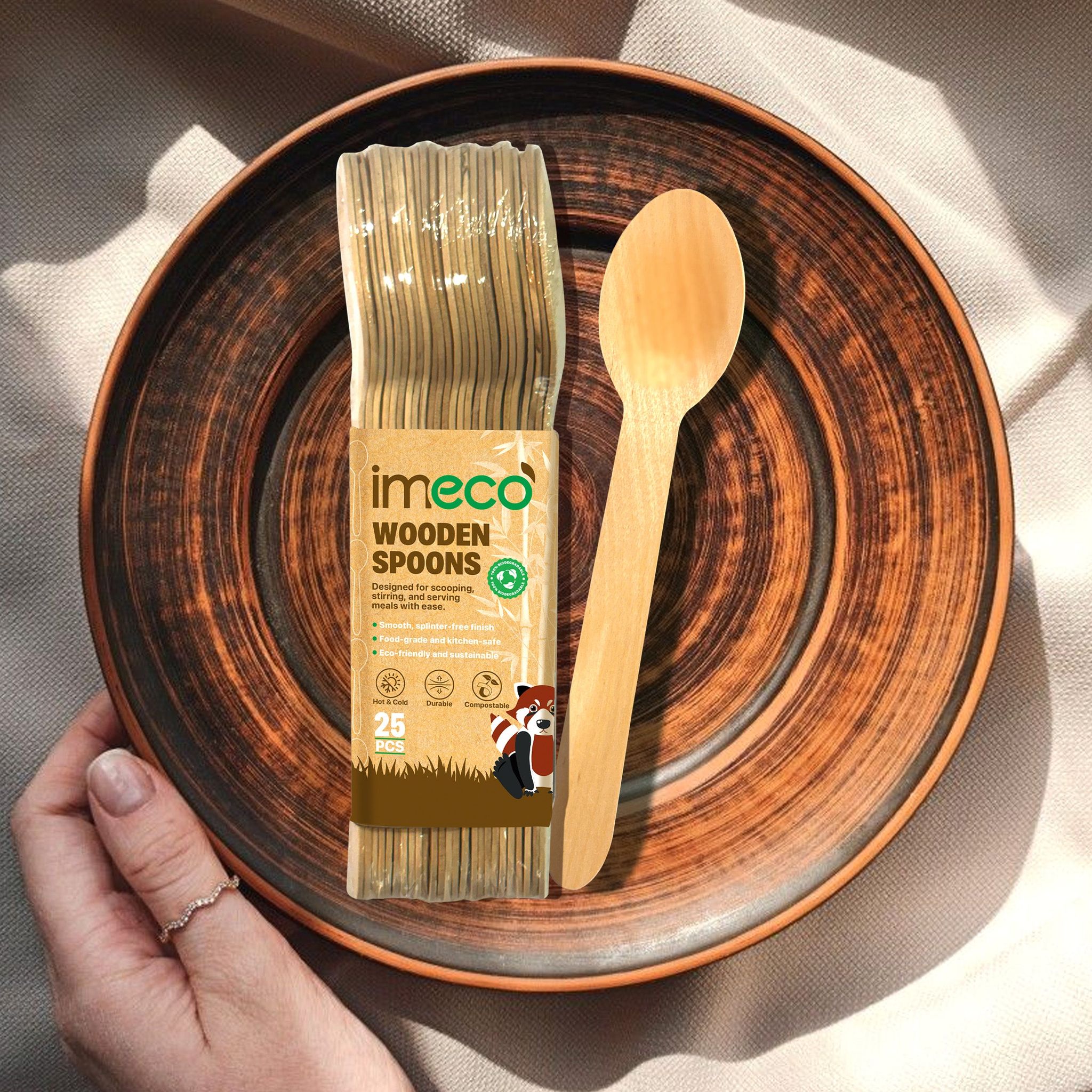 Imeco Wooden Disposable Splinter-Free Spoons (Pack of 25) | Eco-Friendly & Compostable | Daily Dining & Events