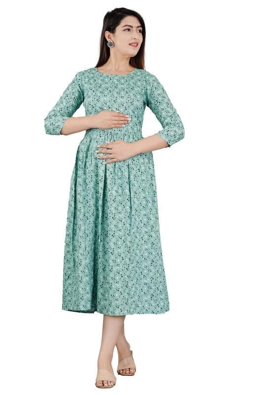 Women's Casual 3/4 Sleeve Printed Viscose Maternity Feeding Kurti (Green, M)-PID47173