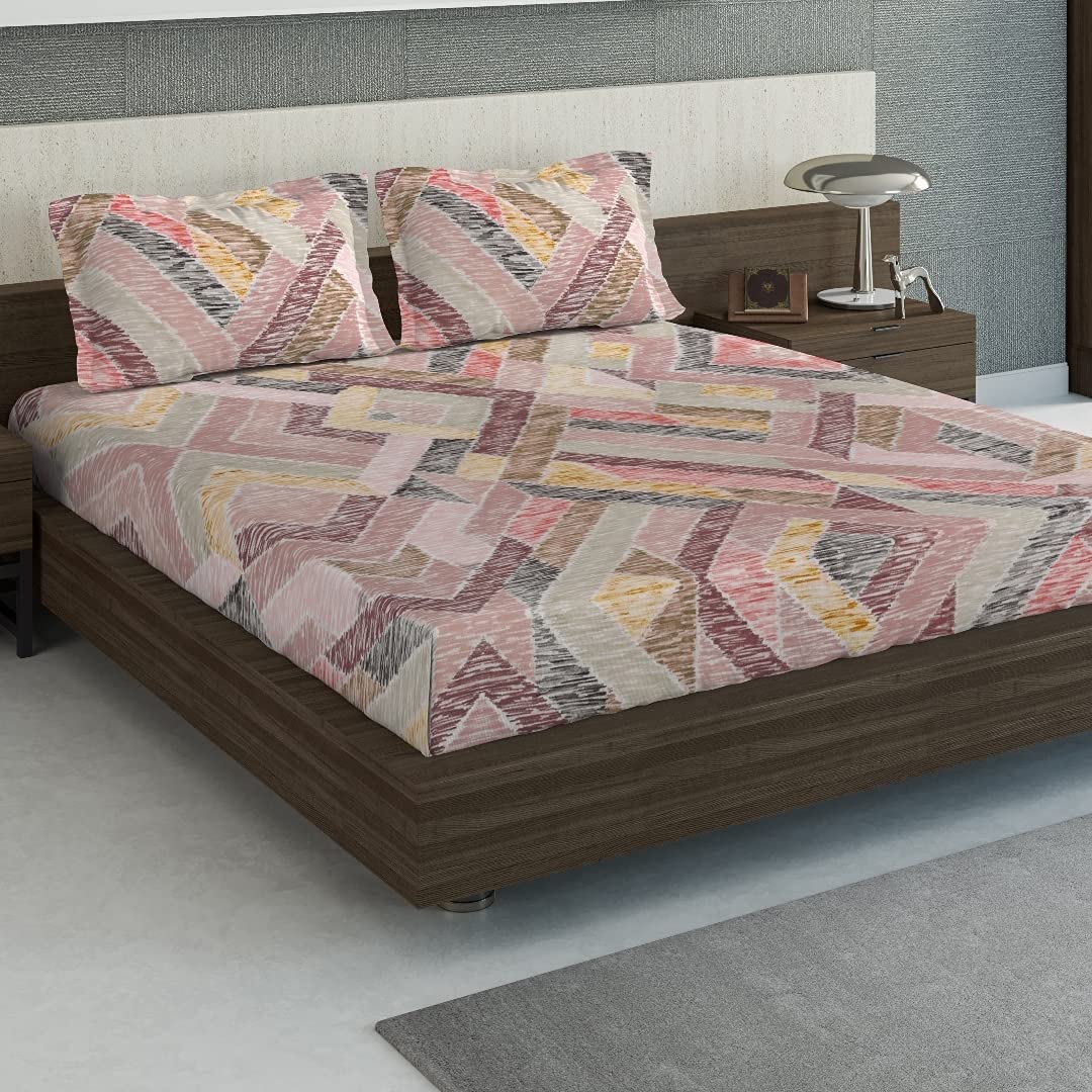 DDECOR - Evita Collection 100% Cotton Geometric Pattern 115TC Super King Bedcover |274 CM X 274 CM| with 2 pillow Covers - Pink