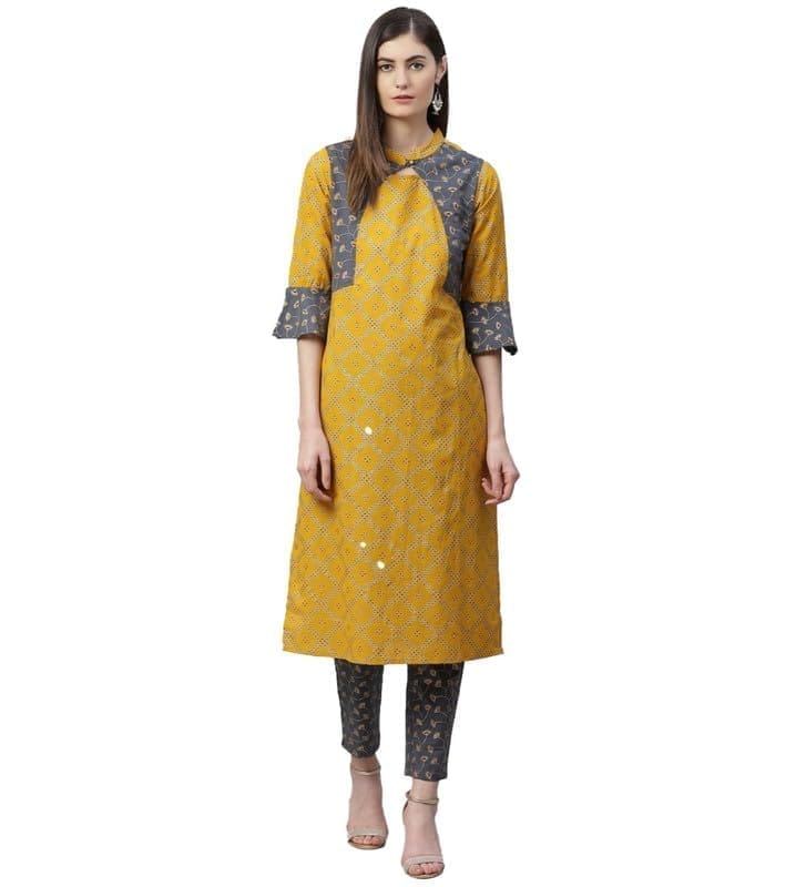 Women's Casual Bell Sleeves Geomatrical Printed Cotton Kurti Set (Yellow, 2XL)-PID48573