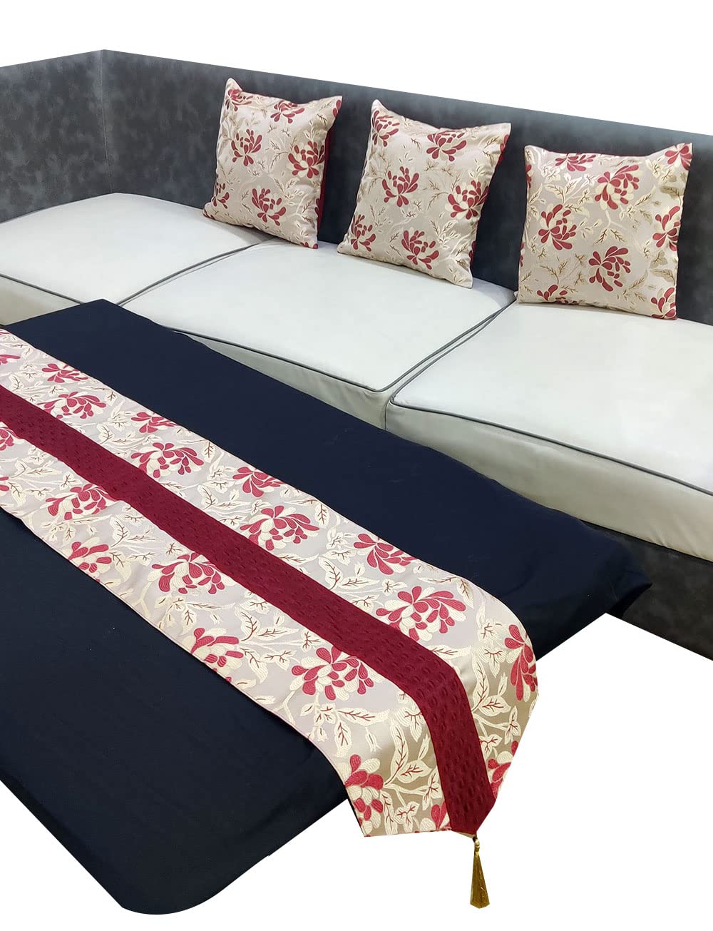 Maroon Red White Damask Floral Woven Square 3 Cushion Covers and 1 Table Runner Combo Luxury Modern Pillow Cover for Sofa Living Room Bedroom |16X16 Inch Cushion Cover I12 X 59 Inch Table Runner