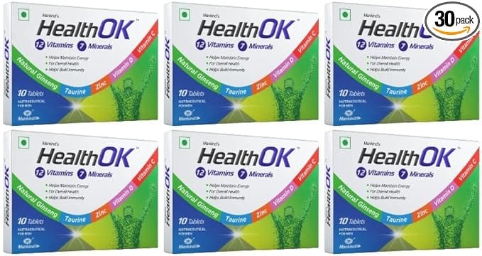 Health OK Multivitamin with Natural Ginseng Taurine power Daily Energy alertness Vitamin D C & other 17 multivitamins minerals for Overall Health 10 Tablets x Pack of 6