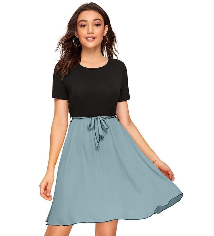 Women's Knitting Stretchable Solid Round Neck Cap Sleeve Dresses (Pista, S)-PID56849