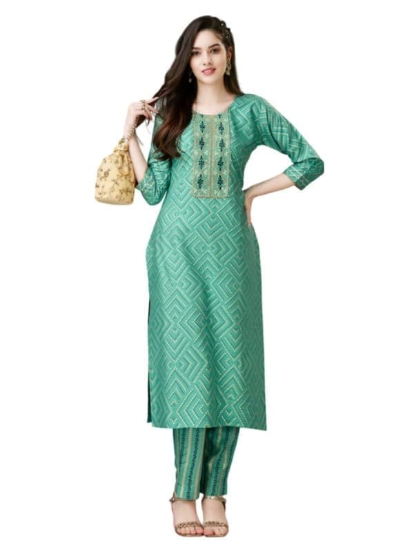 Women's Casual 3-4 th Sleeve Embroidery Rayon Kurti Pant Set (Green, S)-PID50260