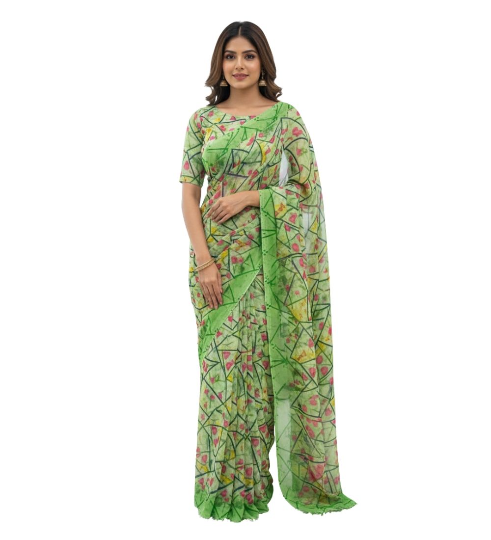GENERIC Women's Georgette Printed Saree With Unstitched Blouse 5.5Mtr (Green)-PID67520
