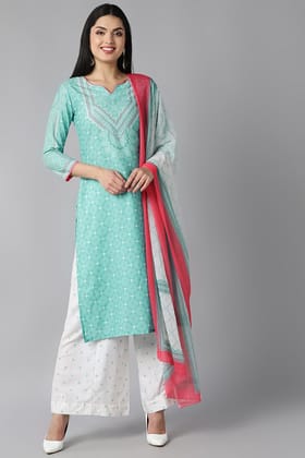 Sea Green Polyester Straight Kurta Palazzo With Dupatta PKSKD1072