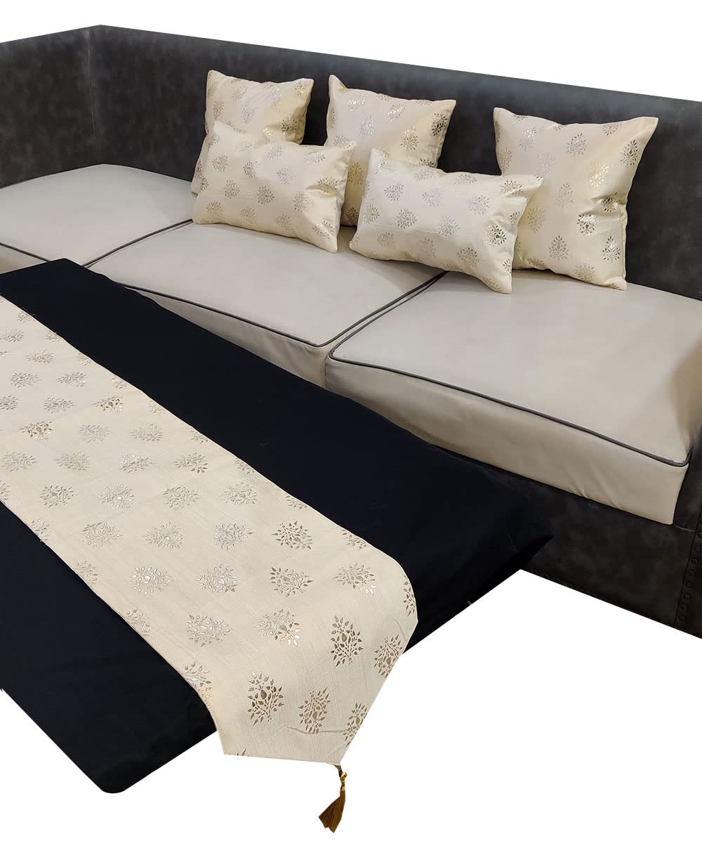 Silver Foil Cream 3 Square 2 Rectangle Cushion Cover and 1 Table Runner Combo Pillow Cover for Sofa Living Room Bedroom |16X16 Inch Cushion Cover 12X18 Inch Cushion Cover 12 X 59 Inch Table Runner