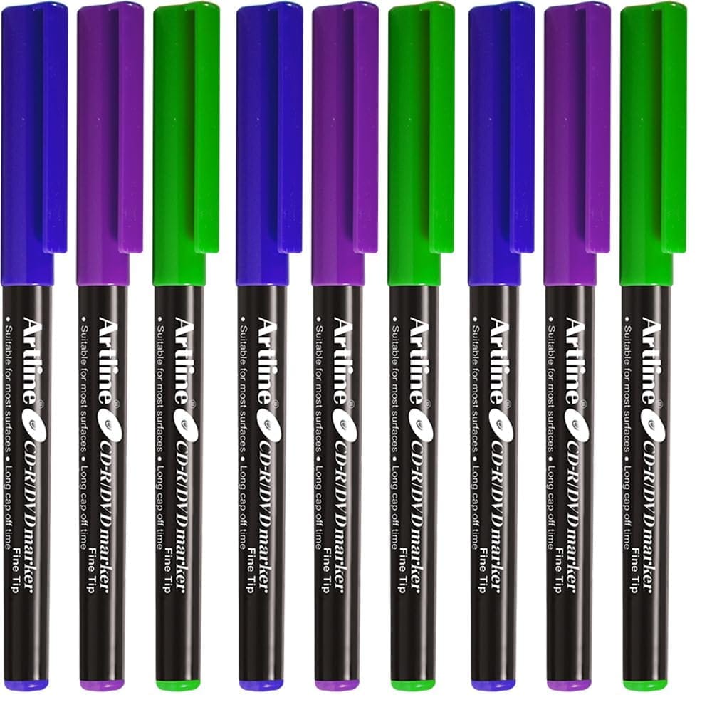 Artline CDR/DVD Marker Blue Pack of 10 X 2 Packs, Green Pack of 10 X 2 Packs, Purple Pack of 10 X 1 Packs (50 DVD's Markers) | On Multiple Surface: Metal, Plastic/OHP, Glass/Porcelain & Carton