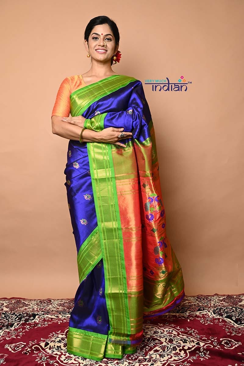 Pure Silk Handloom Maharani Paithani - Blue with Fresh Green Border (Available in Floral Buttis)