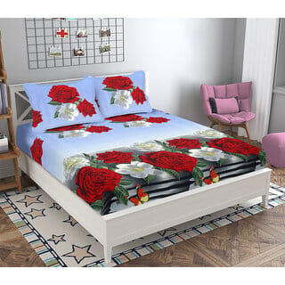 Black Bee  White  Red Gerbera Floral 3D Print Double Bedsheet With 2 Pillow Covers (208 X 213 Cm)(Bs20-06)
