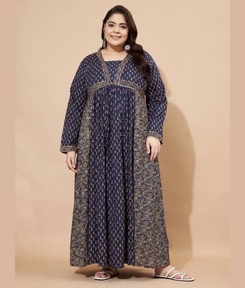 Vbuyz Women Cotton Printed Fit & Flare Dress ( Navy Blue )