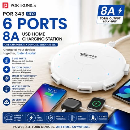 Portronics UFO 6-Port USB Home Charger 8A Fast Charging Station | Multi-Port USB Charging Hub for Smartphones, Tablets, Smartwatches, Bluetooth Devices & USB Gadgets | Compact Desktop Charging Adapter (White or Random Color)