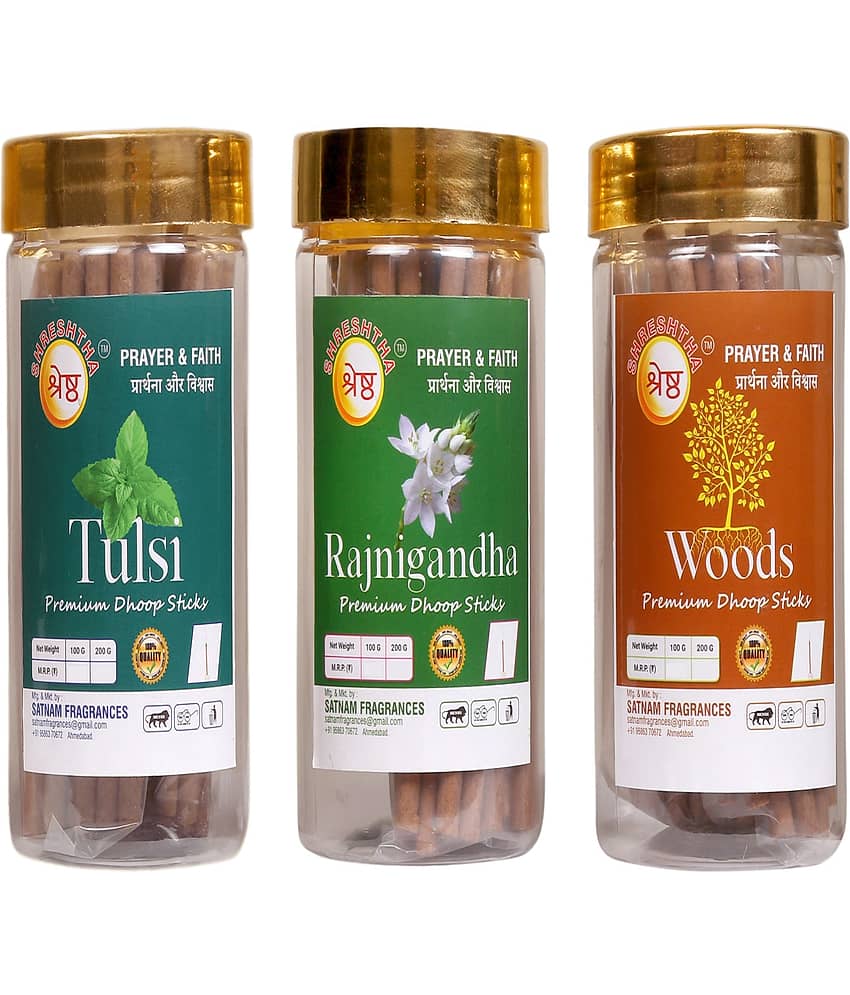 SHRESHTHA Incense Dhoop Sticks Tulsi,Rajnigandha,Woods 300 gm ( Pack of 3 )
