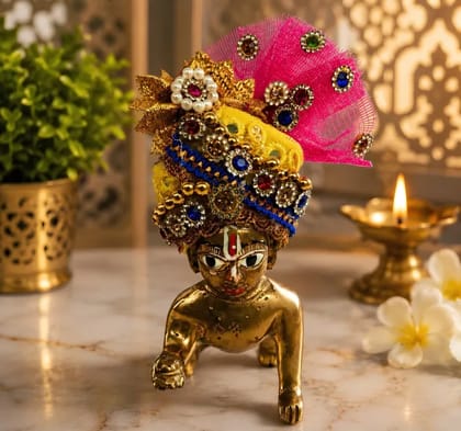 PATITAPABAN Laddu Gopal Pagdi | Crown Yellow Pink Blue Handmade | Head Dress (Net, Silk)