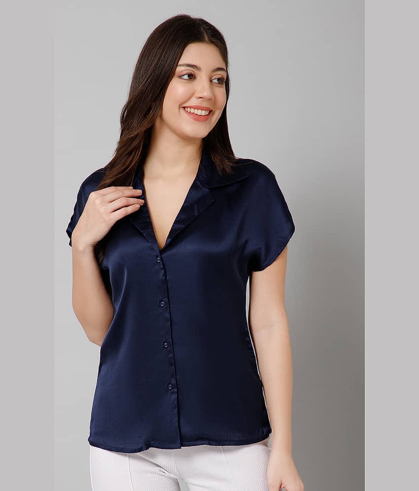 Purys Women Solid Satin Shirt ( Navy Blue )