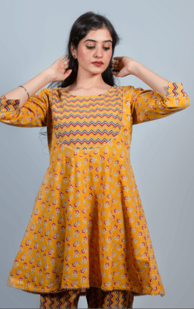 Rekha fashion_ Trendy Cotton outfit in mustard zigzag printed kurti with sharara