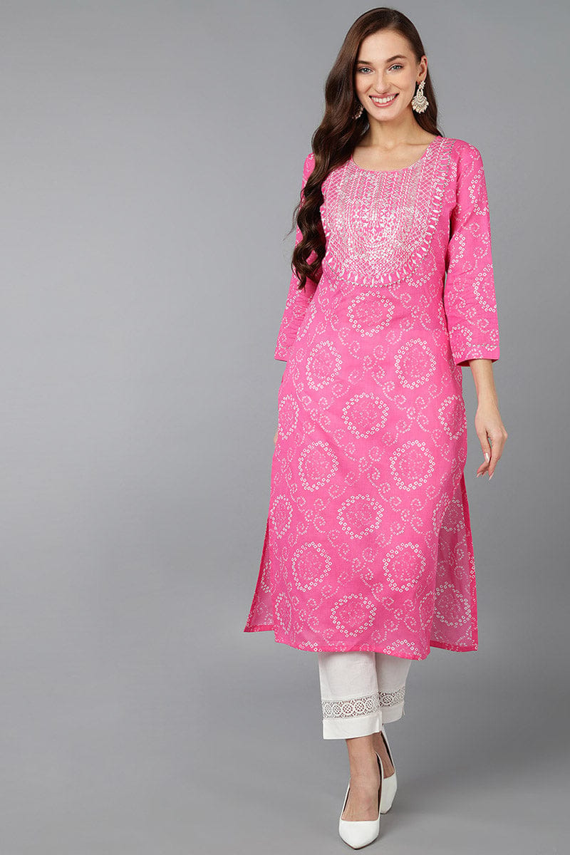 Pink Cotton Bandhani Embroidered Straight Kurta VCK9071