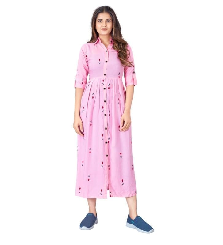 Women's Casual 3/4th Sleeve Printed Rayon Kurti (Pink, M)-PID46180