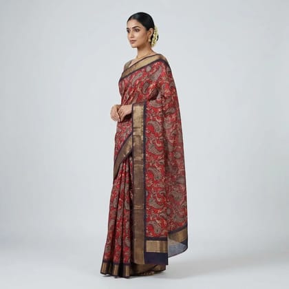 Red Cotton Paisley Print Golden Border Saree For Women